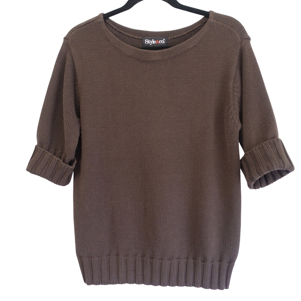 Vintage 90s Sweater Womens Med Brown Dark Academia Knit Rib Short Sleeve Minimal